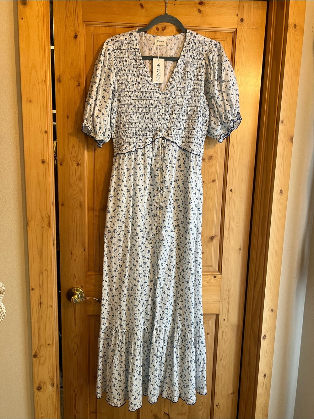 SONMER. NWT. Blue Floral Smocked Midi Dress